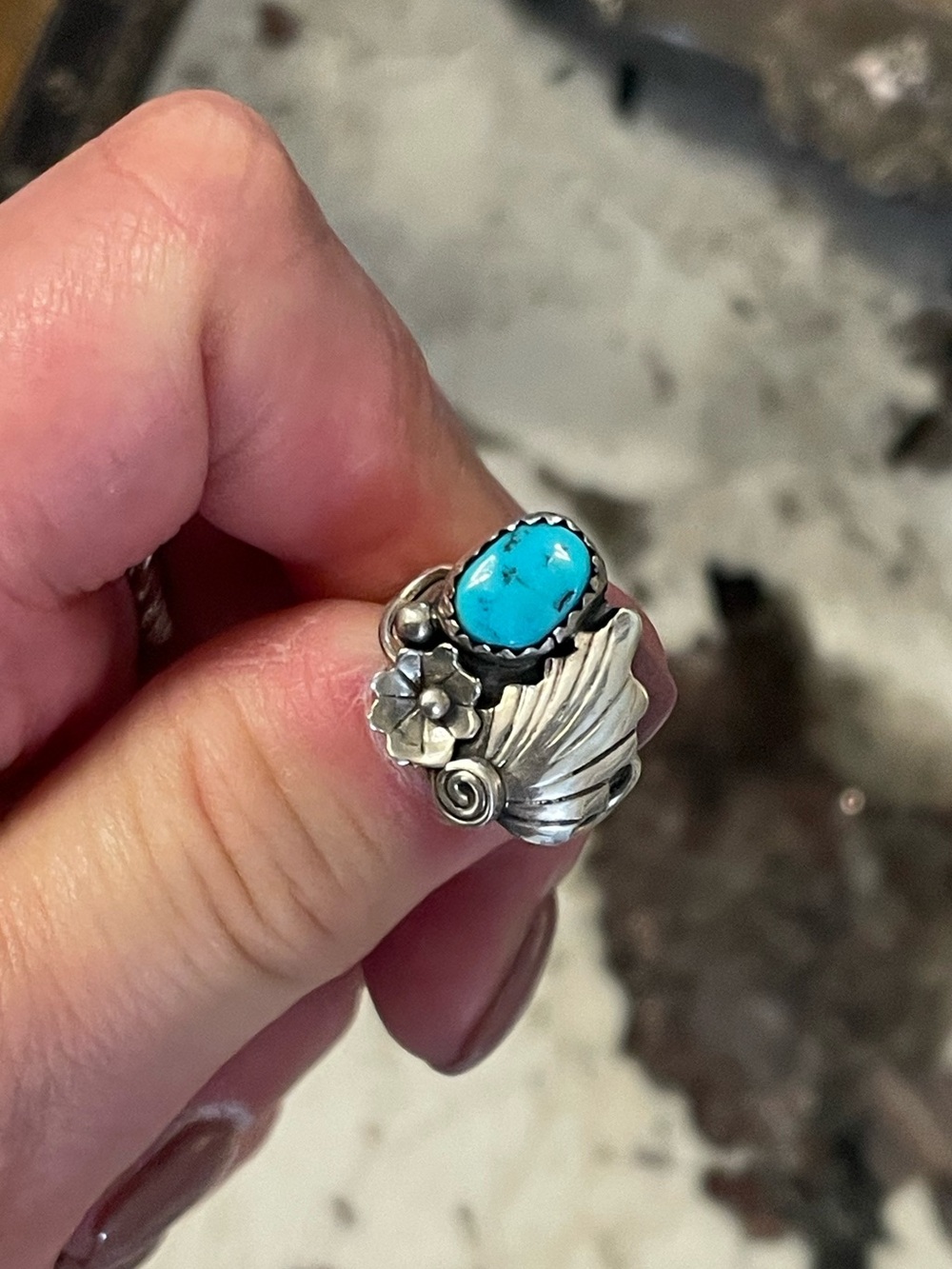 0ld Pawn Turquoise Sterling Tested Floral Navajo Ring Women’s Size 4.75